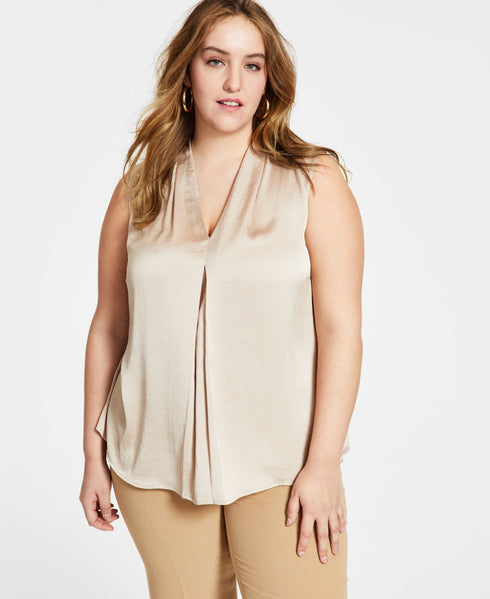 Bar III Plus Size Sleeveless Pleat V Neck Top